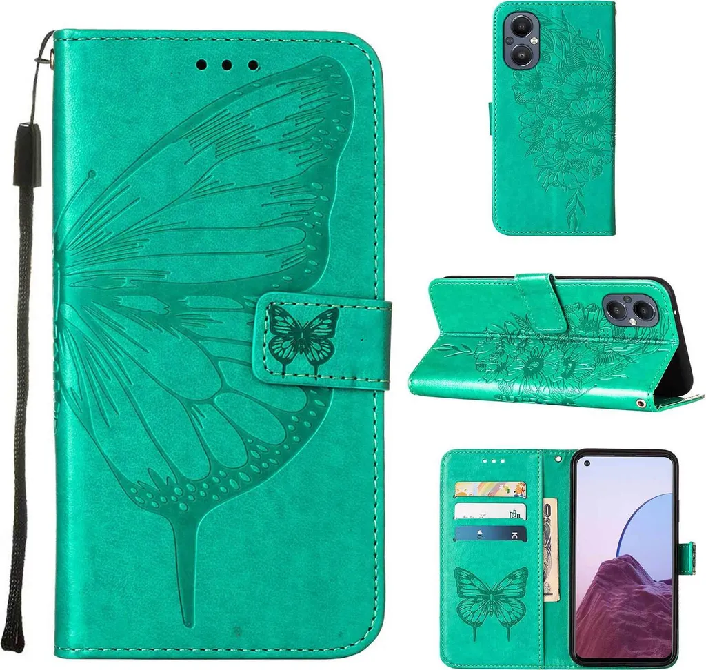 Cover Portafoglio OnePlus Nord 20 5G Verde Farfalla Rilievo Supporto Video