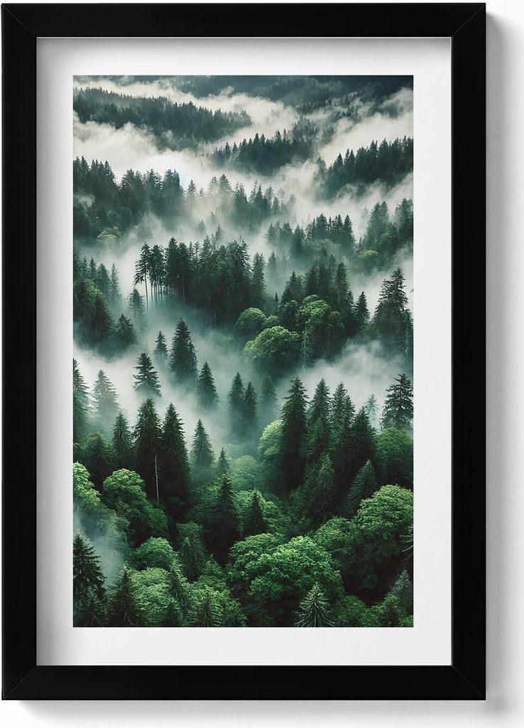 Landschaft mit Morgennebel im Wald– Wandbild mit Rahmen – Gerahmtes Bild – Wanddekoration – 20x30 cm – Schwarz