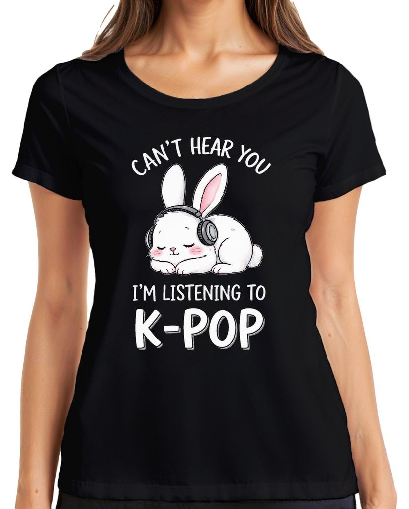 I'm listening to K-Pop Bunny Kopfhörer Kawaii Korea Fan Geschenk Damen T-Shirt, Schwarz, S