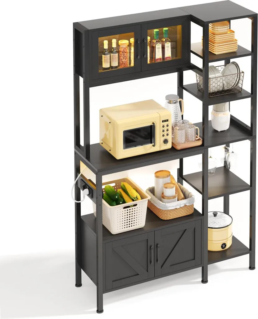 Buffet de cuisine ouvert 115cm Noir avec support micro-ondes et LED - 15