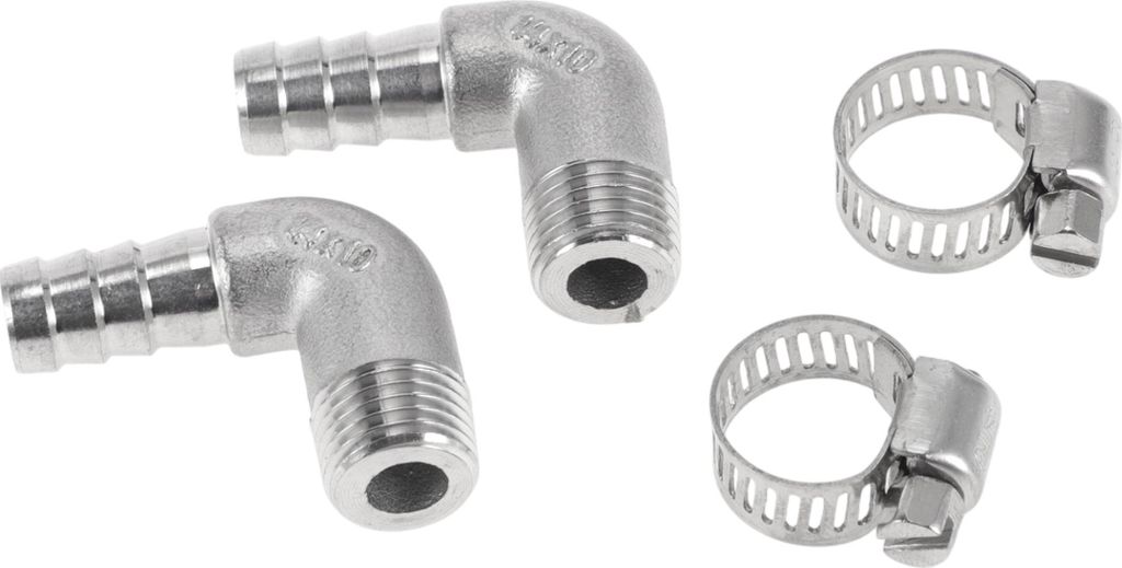 Schlauchstutzen mit 2 Schellen 90-Grad-Winkelverbinder für Luft Wasser Öl Gas Kraftstoff Edelstahl 25/64" OD 1/4" BSPT 1 Set Silberton