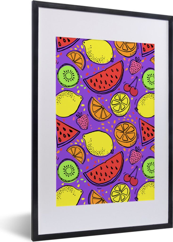 MuchoWow Gerahmtes Poster Neon - Obst - Lila 40x60 cm - Poster mit Schwarzem Bilderrahmen Wandposter Rahmen Foto Bilder - Poster in Rahmen