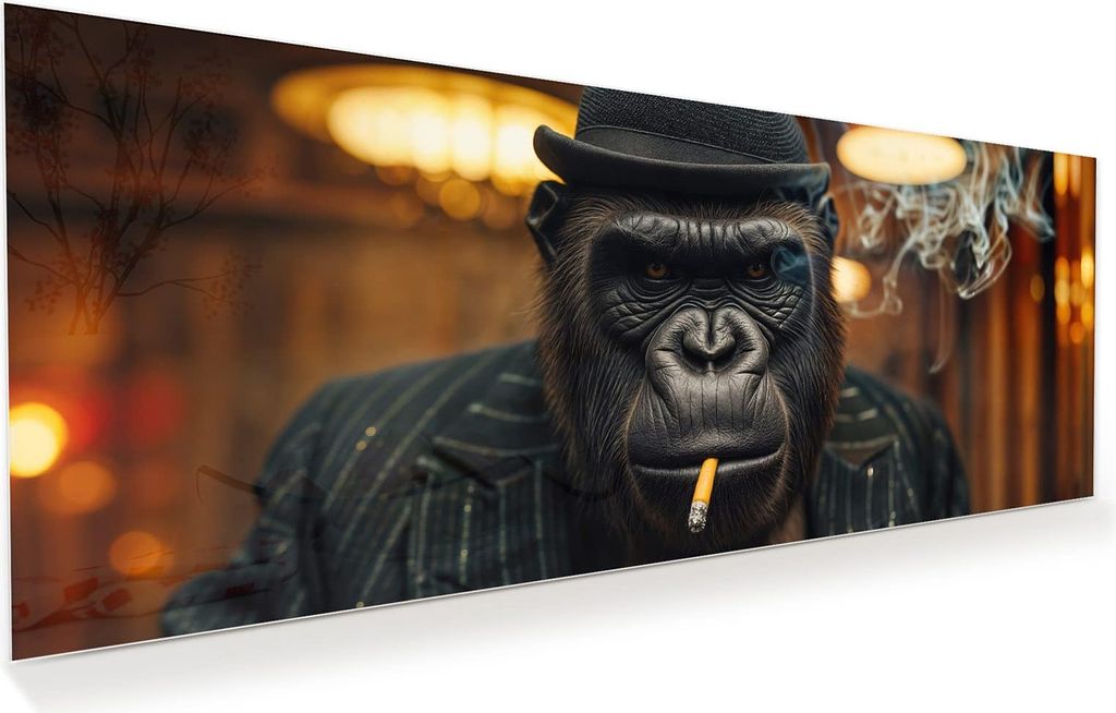 Glasbild 125x50cm in XXL für Wohnzimmer, Schlafzimmer Motiv Rauchender Gorilla