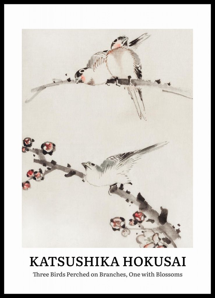 Plakat 50x70cm Design Drei Vögel, Hokusai Vintage für das Wohnzimmer