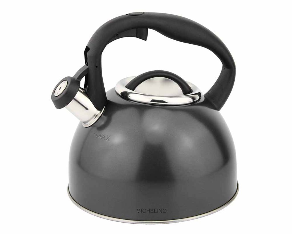 Edelstahl Flötenkessel 2,5L für alle Herdarten, Schwarz mit Soft-Touch-Nylon-Griff in Schwarz