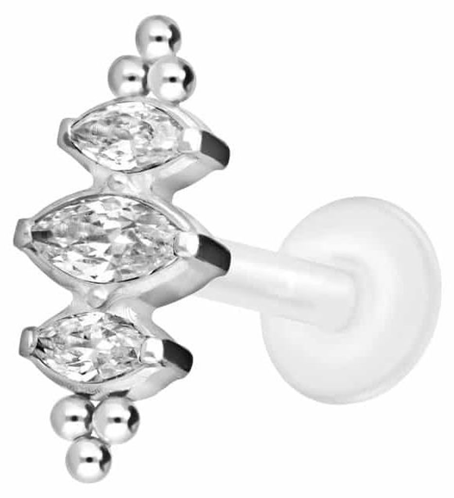 Ohrpiercing, Nasenpiercing PTFE Labret mit Innengewinde + Titan-Aufsatz 3 KRISTALLTROPFEN + KUGELN Silber Stablänge: 8mm | Stabstärke: 1,2mm
