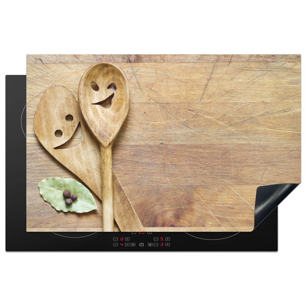 KitchenYeah Herdabdeckplatte Holz - Löffel - Braun - Smiley , 80x52cm, Küche Deko, Glaskeramikkochfeld Herdabdeckung, Abdeckplatte fùr Kochfeld