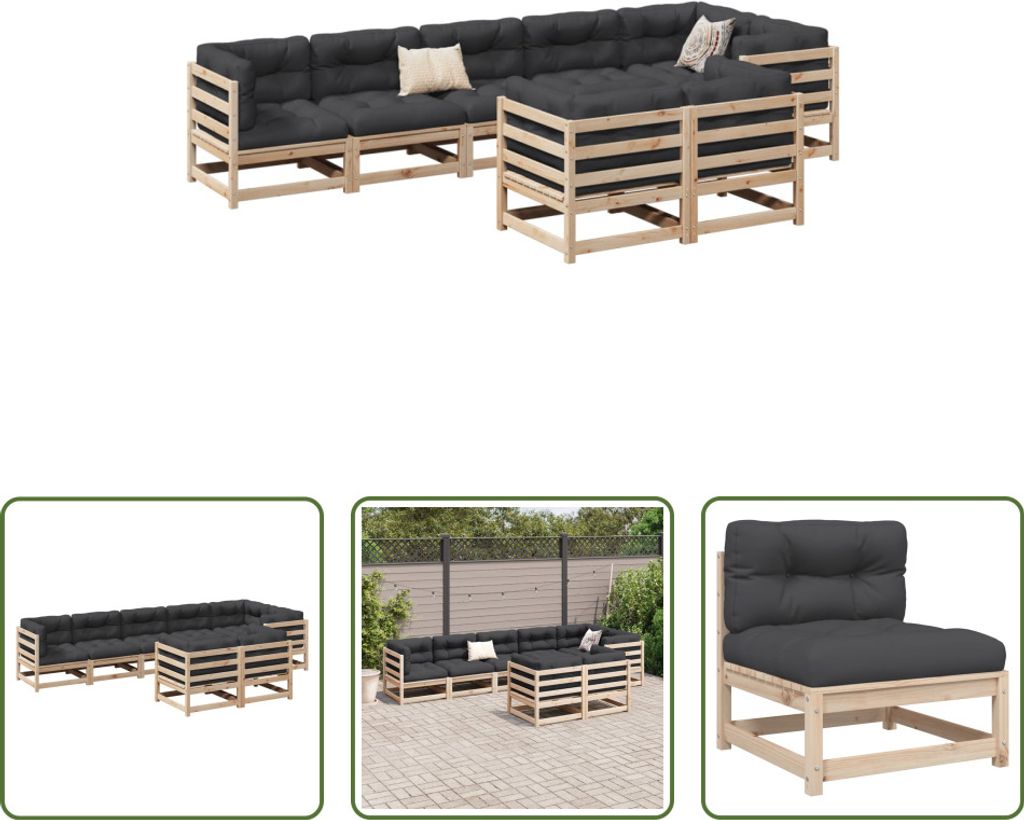 The Living Store 8-tlg. Garten-Sofagarnitur mit Kissen Massivholz Kiefer