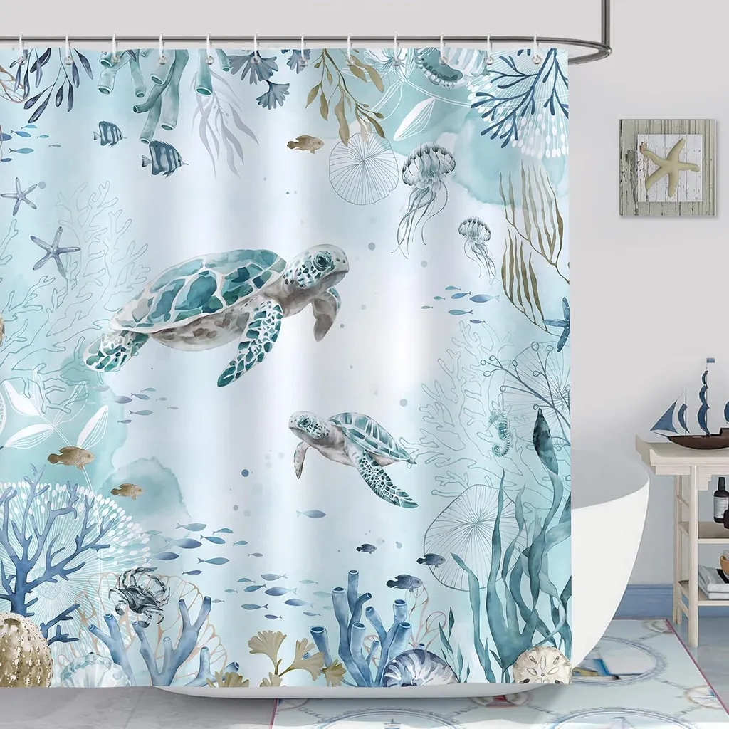 Tenda Doccia 180x200cm Antimuffa Bonhause - Tessuto Blu Tartaruga Marina