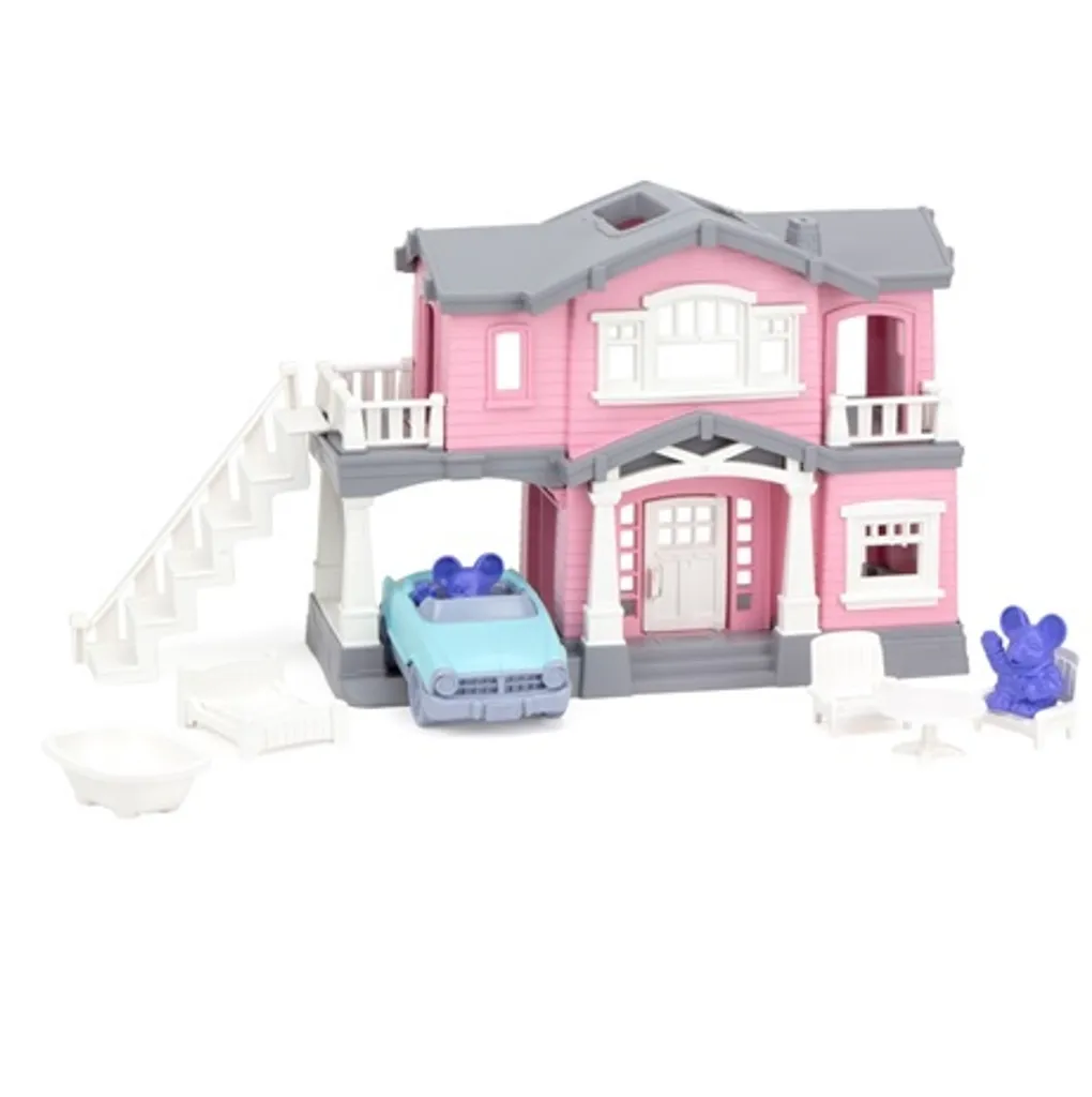 Maison rose Green Toys lavable au lave-vaisselle avec 9 accessoires de maison
