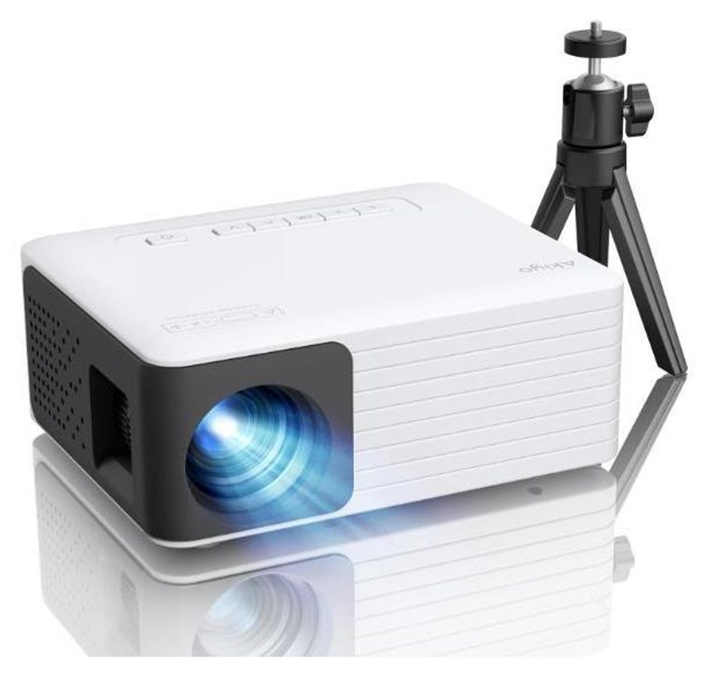 A white mini projector with a black lens and a small black tripod stand next to it, all on a white background.