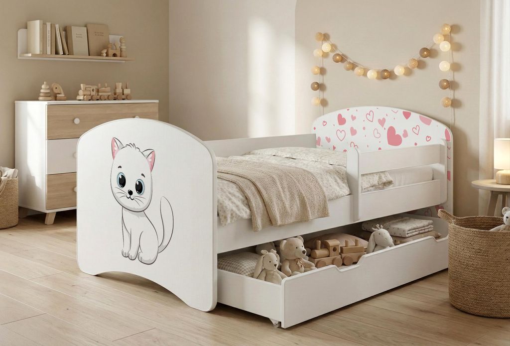Happy Babies Kinderbett mit Rausfallschutz Junge 140x70 Bett für Kinderzimmer mit Schublade Matratze Einzelbett für Kinder, Weiss, Bunte Aufkleber
