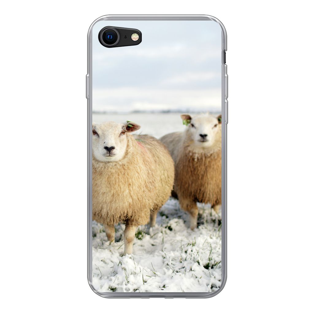 MuchoWow Handyhülle Schutzhülle Hülle für iPhone SE 2020 Gruppe von neugierigen Schafen Silikon Softcase Handy Hülle - Kartenbesitzer