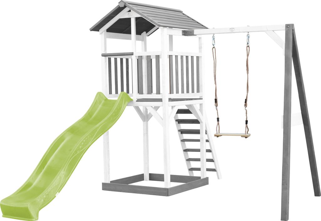 AXI Beach Tower Spielturm aus Holz in Weiß & Grau | Spielhaus für Kinder mit hellgrüner Rutsche, Schaukel und Sandkasten | Stelzenhaus für den ...