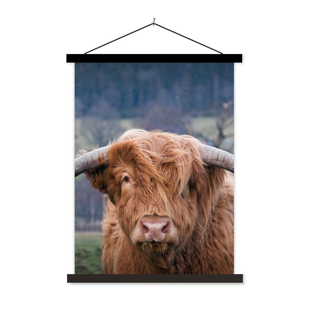 MuchoWow Textilposter Schottischer Highlander - Hörner - Berg 90x120 cm mit schwarzem Rahmen - Dekoration