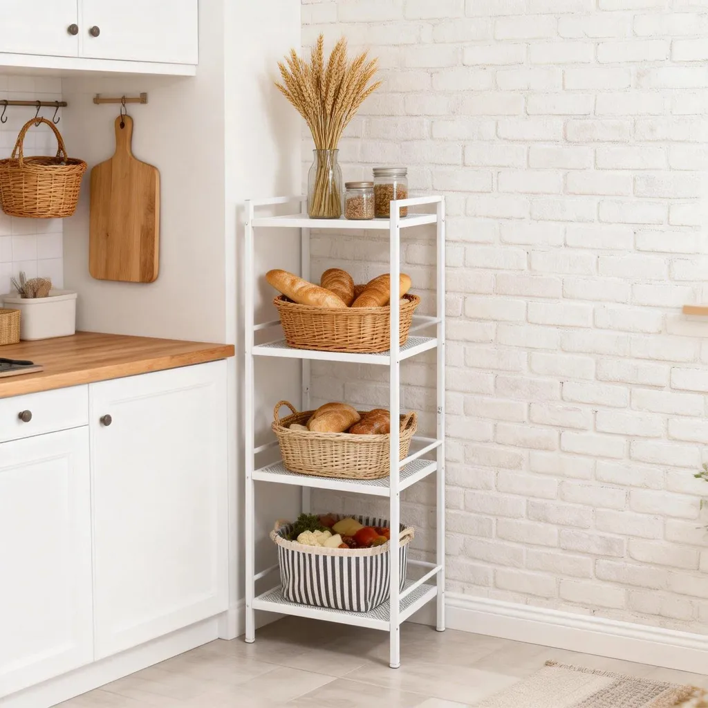 Étagère d'angle de rangement blanche à 4 niveaux en acier robuste