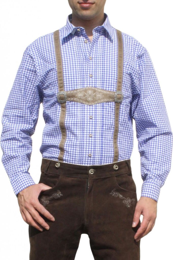 Trachtenhemd für Lederhosen mit Hosenträger-Imitat blau/kariert, Größe:L