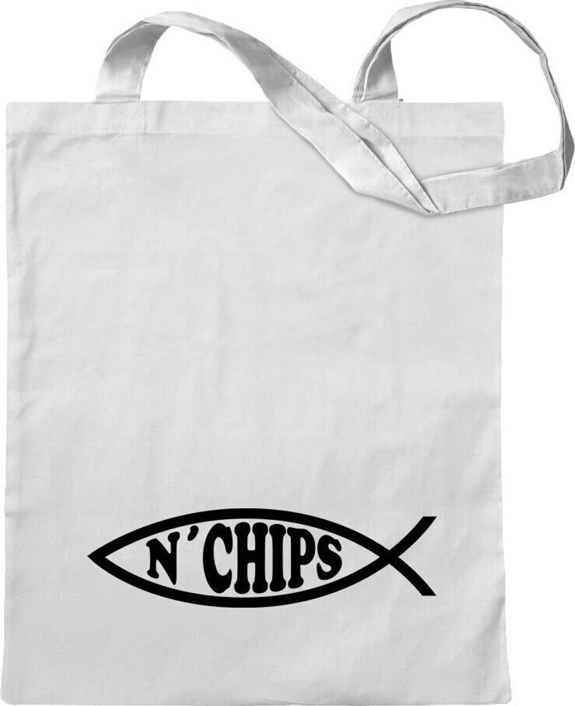 Kiwistar - Baumwolltasche - weiss - Fish N Chips Fisch - Tragetasche Stoffbeutel Umhängetasche Langer Henkel