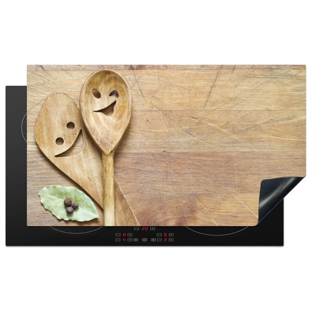 KitchenYeah Herdabdeckplatte Holz - Löffel - Braun - Smiley , 91x52cm, Küche Deko, Glaskeramikkochfeld Herdabdeckung, Abdeckplatte fùr Kochfeld