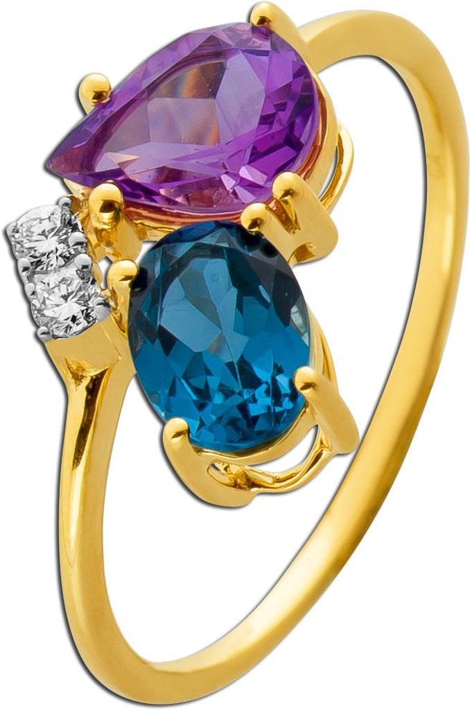 Diamant Ring Gold 585 14K Nat Diamanten Nat Amethyst Nat Blautopas 19