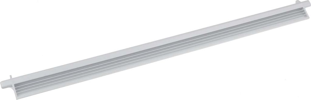 A long, thin, gray and white appliance part, possibly a shelf or drawer component, is shown against a white background.