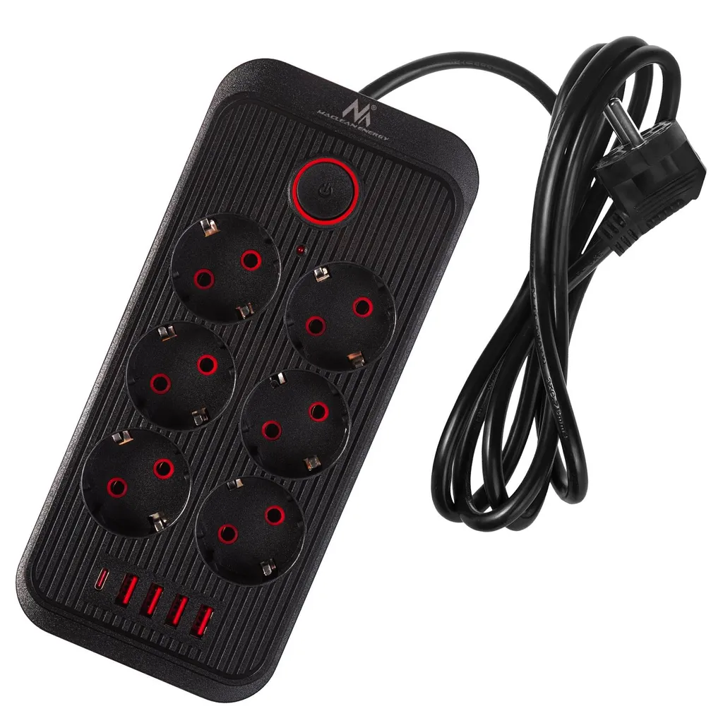 Power Strip Maclean MCE389 B 2500W: 6 AC + 4 USB Hub di Energia