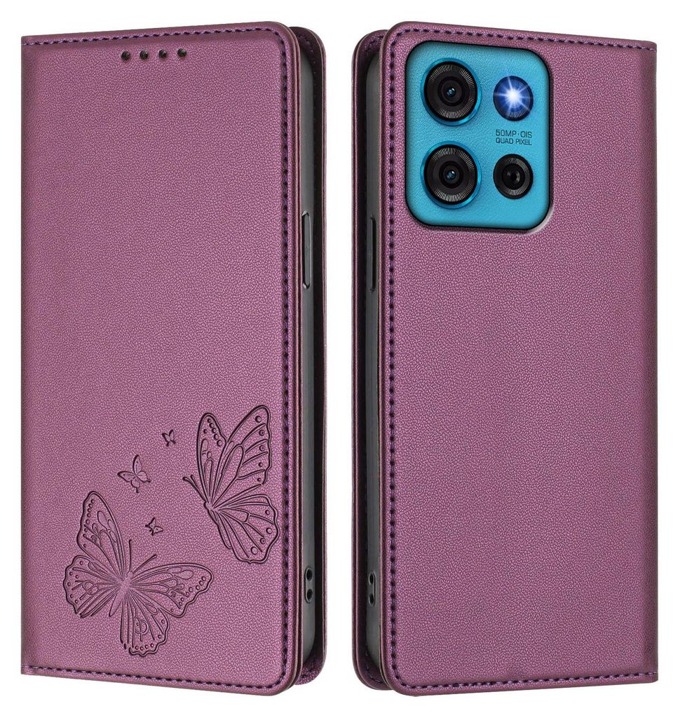 Lederhülle für Motorola Moto G75 5G, Schmetterling Prägung Leder Brieftasche Schutzhülle mit Ständer Lila