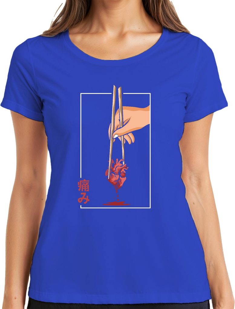 痛み Anatomisches Herz Essstäbchen Anime Vaporwave Japan Streetwear Damen T-Shirt, Blau, L