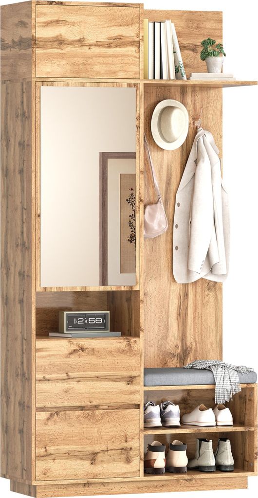 Compacte garderobe met spiegel en zitbank, garderobe voor Productafbeelding 