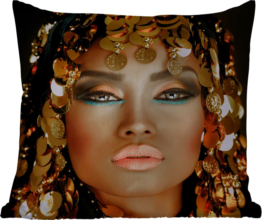 MuchoWow Outdoor Kissen - Frau - Kleopatra - Gold - Schmuck - Make-up - Luxus - 45x45 cm - Wetterfest - Lounge Kissen - Fotokissen - Dekoratives ...