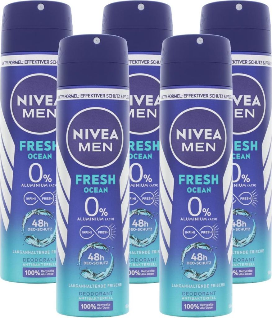 5 x NIVEA MEN Fresh Ocean Deo Spray je 150ml 0% 48h Schutz Deodorant