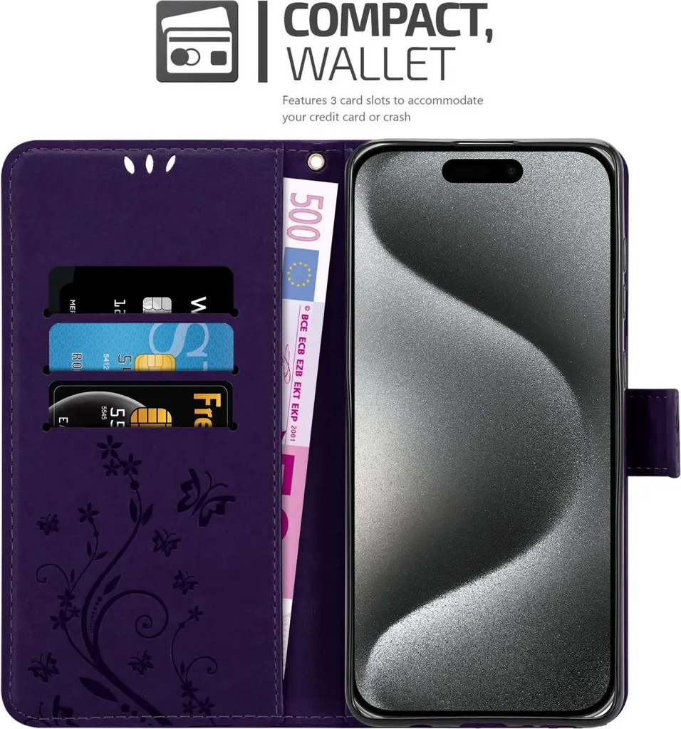 Custodia Cadorabo iPhone 15 PRO Floral Dark Purple | Flip Cover a Libro