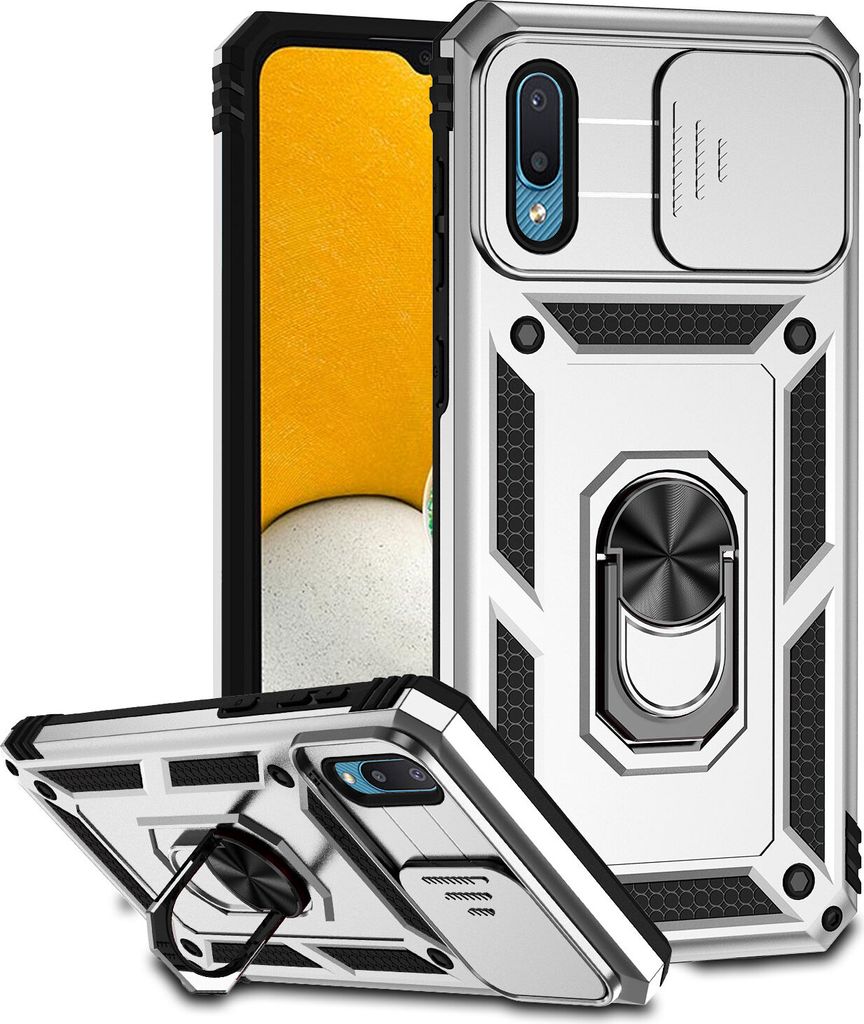 Galaxy A02 Hülle mit Schiebe Kamera Schutz und Ringhalter Ständer Robust Rüstung Schutzhülle für Samsung Galaxy A02 Silber
