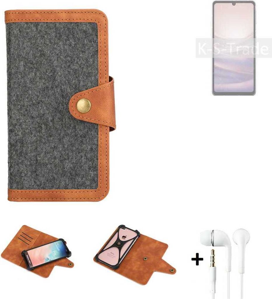 K-S-Trade Handyhülle + Kopfhörer kompatibel mit Sharp Aquos Sense7 Schutzhülle Filzhülle Kunstleder dunkelgrau braun (1x)