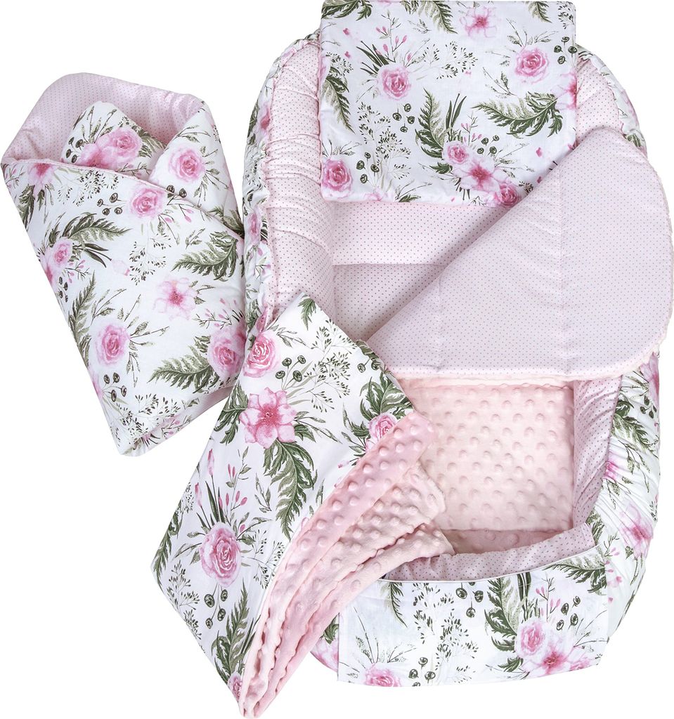 Babynestchen 5tlg Babynest Babydecke Steckkissen Kuschelnest Einschlagdecke Baumwolle 100x60x15 Blument mit Hellrosa Minky