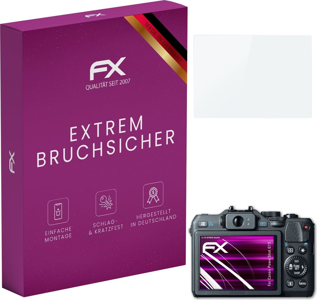 atFoliX FX-Hybrid-Glass Displayfolie kompatibel mit Canon PowerShot G15 Glasfolie