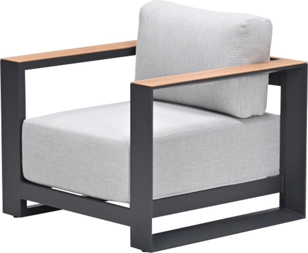 A single outdoor lounge chair with gray cushions and wooden armrests on a white background.