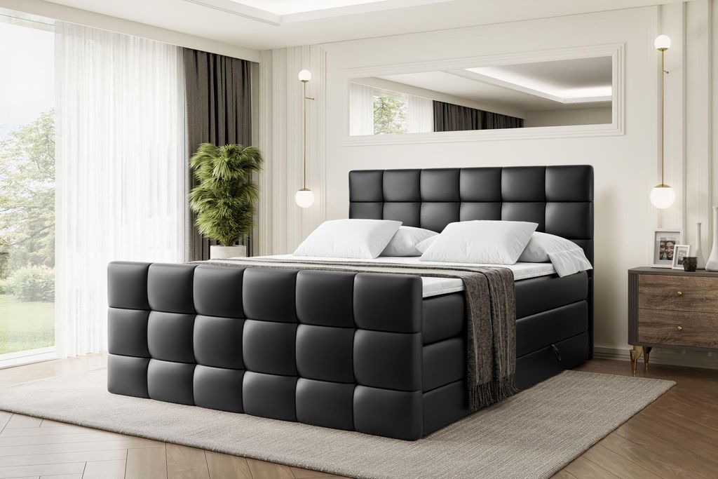 ALTDECOR Boxspringbett mit Matratze und Lattenrost - BRUGO -Z KING - 140x200 cm - Schwarz Kunstleder - Topper, Fußteil, Polsterbett mit Bettkasten...