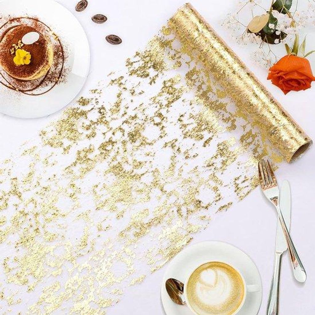 Glitzernde Tafelloper, glitzernde Metallicfolie, dunne Mesh-Struktur, Tafelloperrol, Tafeldekoration, Party, 28CM*900CM, Gold