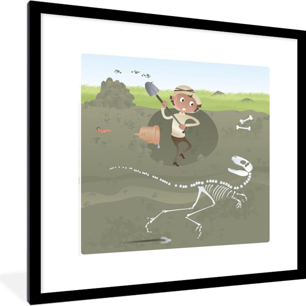 MuchoWow Gerahmtes Poster Dinosaurier - Skelett - Archäologie - Zeichnung - Kinder - Baby - Kinder 40x40 cm - Poster mit Schwarzem Bilderrahmen ...