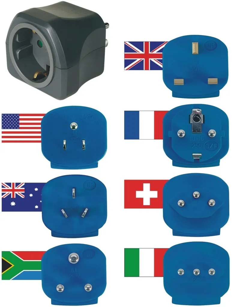 Adaptateur de Prise Internationale 7 pièces avec Fusible 16A - Set de 5