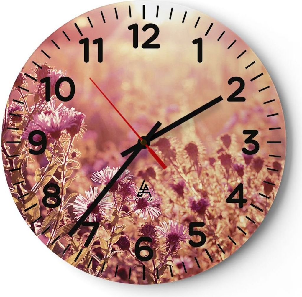 Wanduhr - Rund - Glasuhr - Wiese Blumen Sonne - 40x40cm - Schleichendes Uhrwerk - Lautlos - zum Aufhängen bereit - Dekoration Modern - Wanddekorat...