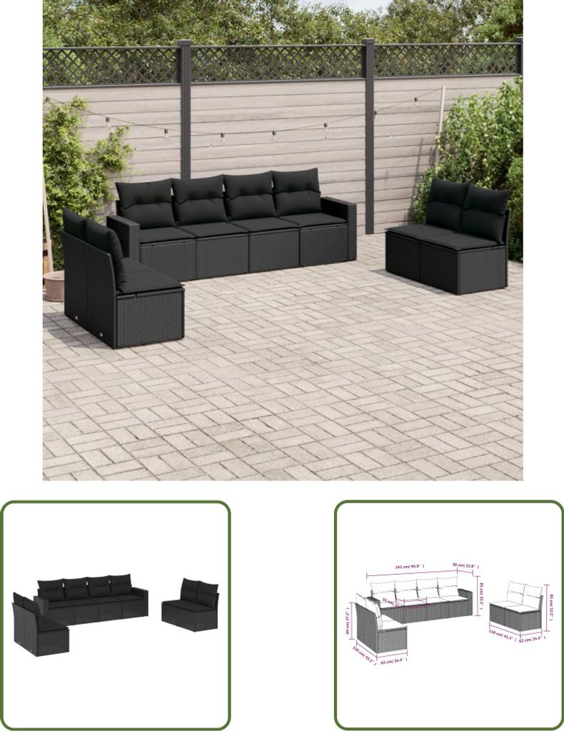 The Living Store 8-tlg. Garten-Sofagarnitur mit Kissen Schwarz Poly Rattan