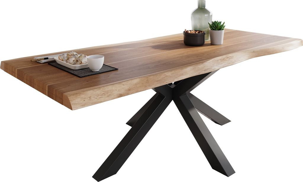 Esstisch Baumkante massiv Akazie natur 220 x 100 Spider-Gestell schwarz ATLAS