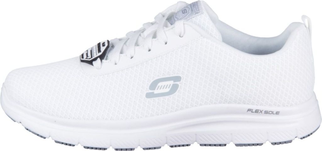 A side view of a white Skechers work shoe.