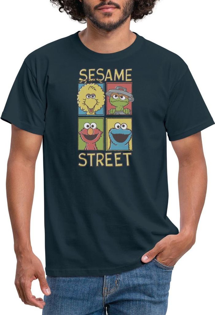 Spreadshirt Sesamstraße Bibo, Oscar, Elmo, Krümelmonster Männer T-Shirt, M, Navy