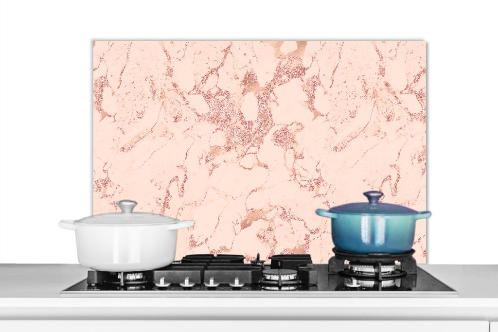 KitchenYeah Spritzschutz Küche - Küchenrückwand - Wandschutz für Herd und Spüle - Marmor - Roségold - Muster - Chic 90x60 - Alu-Dibond (Alt...
