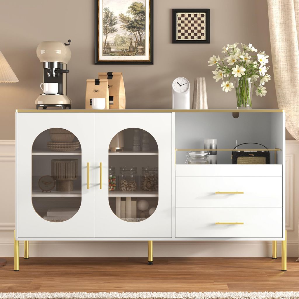 Merax Sideboard 140x38x90cm Weiß mit Glastüren, Kommode mit Schubladen und goldenen Akzenten,Elegante Kommode mit Kabelmanagement und Stauraum f...