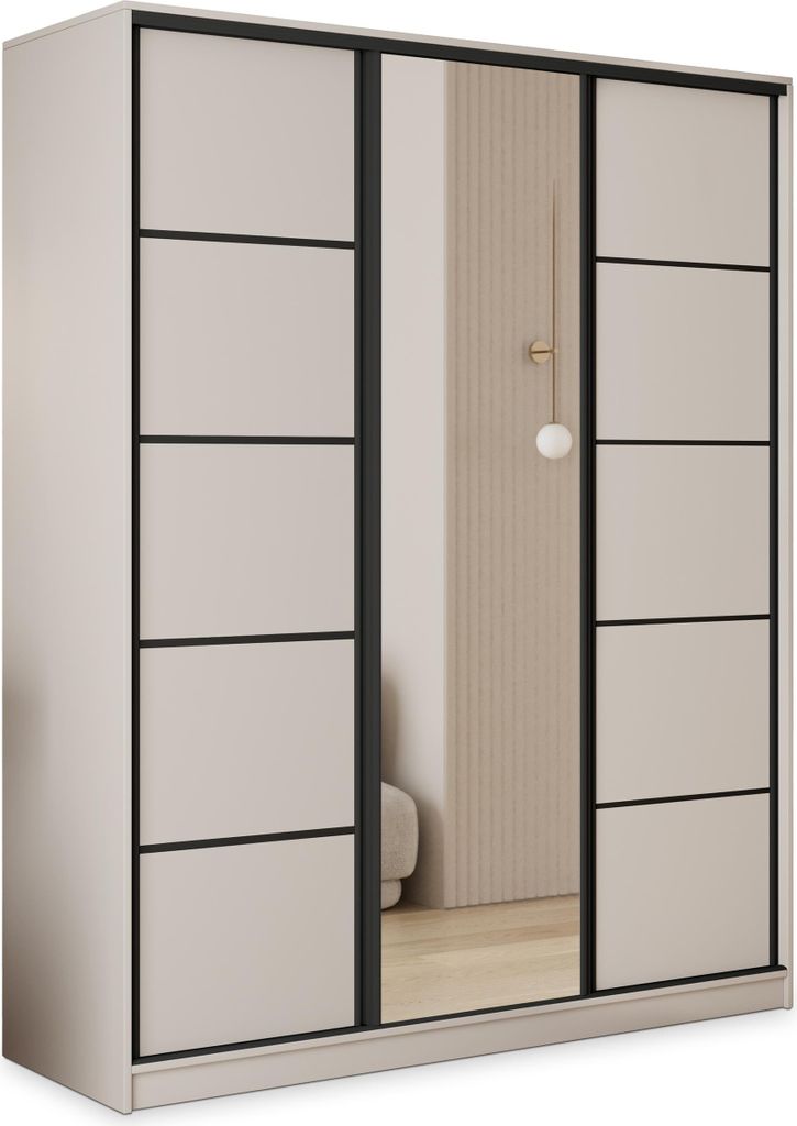 Masseno Schiebetürenschrank PINA 150/205/58 cm Kleiderschrank mit 4 Schubladen Schlafzimmer Schrank 3-türig mit Spiegel Kaschmir