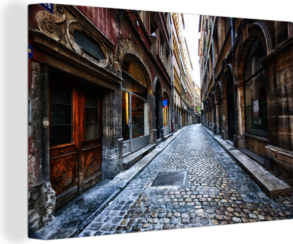 OneMillionCanvasses - Leinwandbilder - 140x90 cm, Eine enge Straße in der Altstadt von Lyon, Frankreich, Wandbilder Kunstdruck Wanddekoration - ...